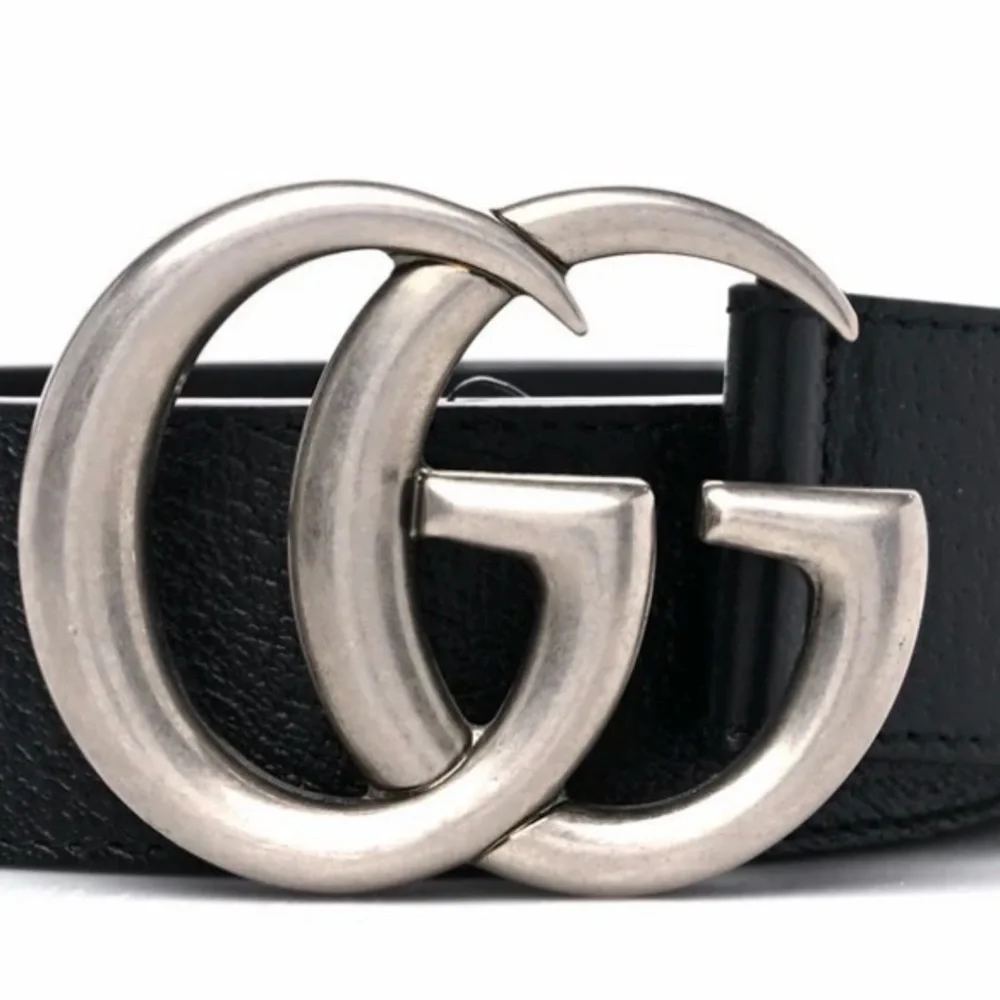 GUCCI Textured Dollar Calfskin Nickel Double G Belt 75•30